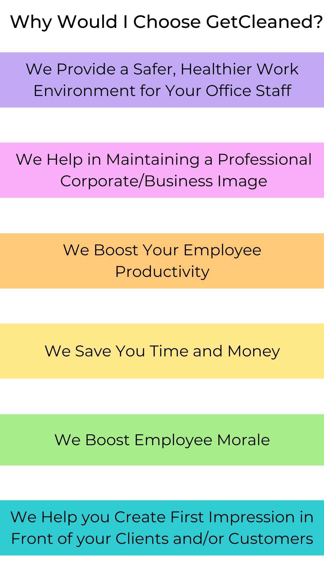 Reasons to hire us as your commercial cleaner for your business. 1. We Provide a Safer, Healthier Work Environment for Your Office Staff. 2. We Help in Maintaining a Professional Corporate/Business Image. 3. We Boost Your Employee Productivity. 4. We Save You Time and Money. 5. We Boost Employee Morale. 6. We Help you Create First Impression in Front of your Clients and/or Customers